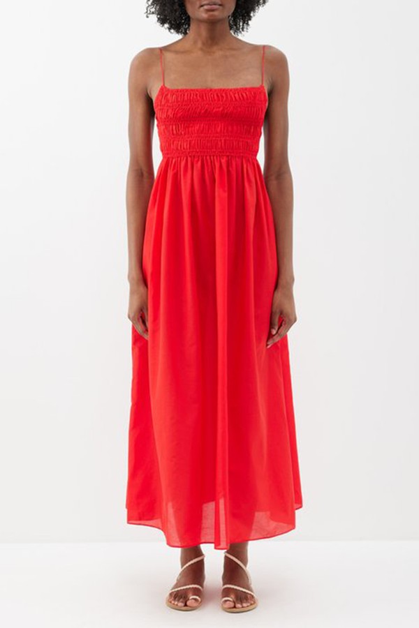 Shirred Cotton-Blend Voile Midi Dress from Matteau