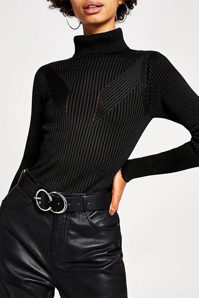 Black Ribbed Knit Roll Neck Top