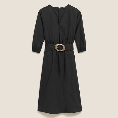 Pure Cotton V-Neck Belted Midi Dress