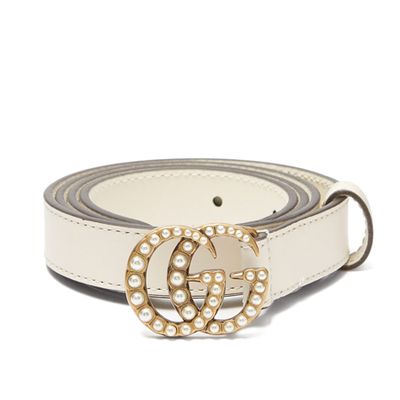 Faux Pearl-Embellished GG-Logo Leather Belt from Gucci
