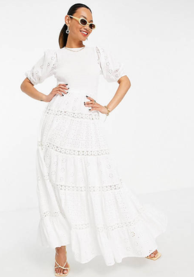 Shirred Mixed Broderie Tiered Maxi Dress In White from ASOS Design