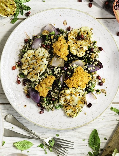 Cauliflower Steaks With Harissa, Hummus and Walnuts