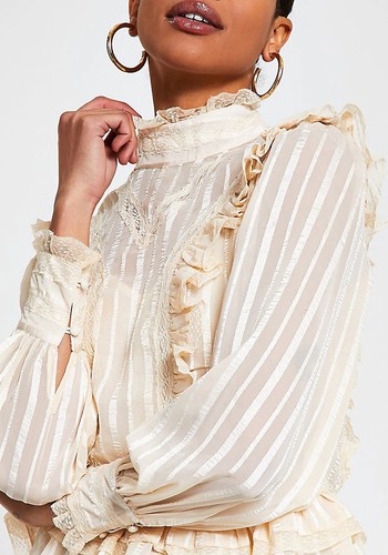 Cream Long Sleeve Lace Frill Blouse Top