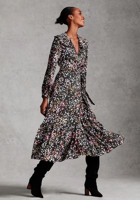 Star Print Ruffle Midi Wrap Dress
