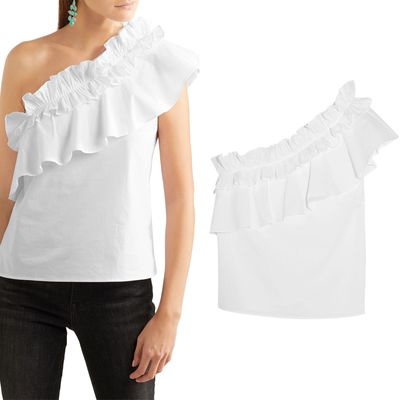 One-Shoulder Ruffled Cotton-Blend Top from Saloni