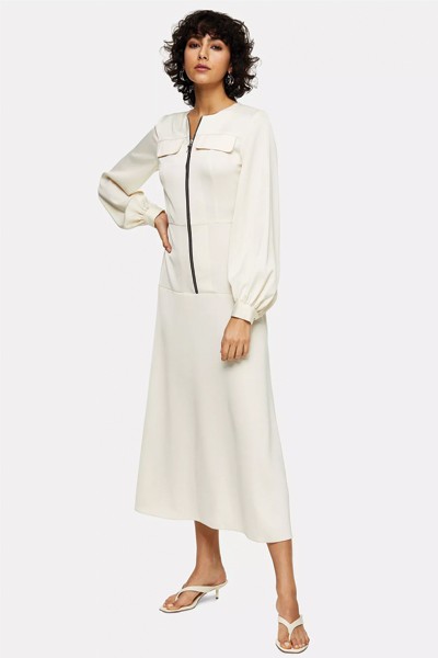 Cream Satin Zip Shirt Dress