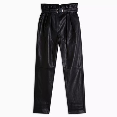 Black Faux Leather PU Belted Peg Trousers