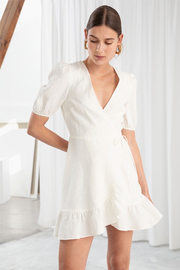 Puff Sleeve Linen Wrap Mini Dress