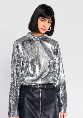 Silver Sequin High Neck Long Sleeved Cropped Top from Glamorous