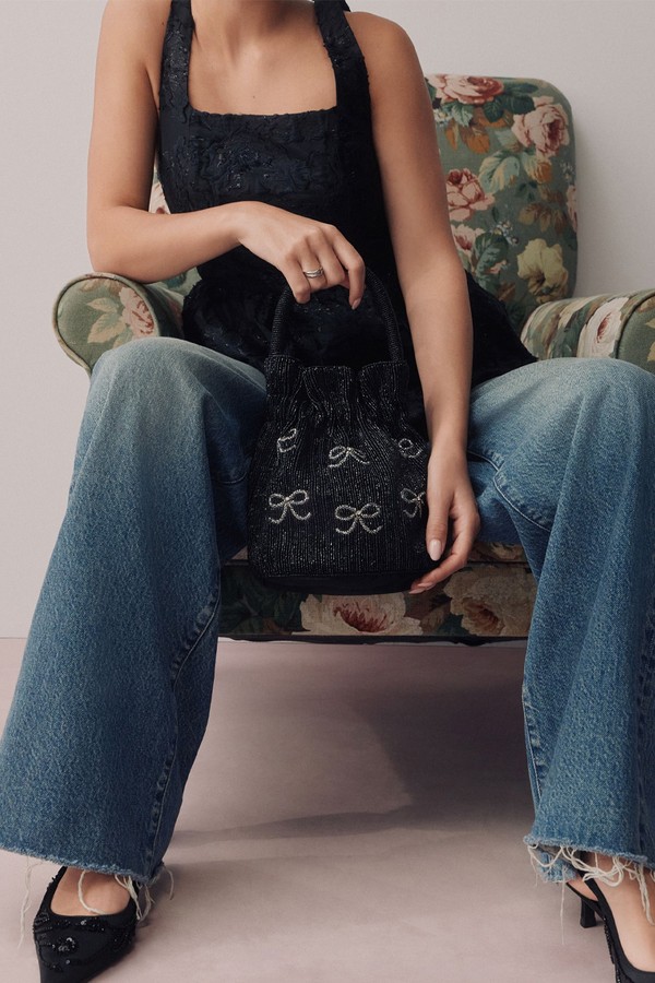 Black Sparkle Bow Embellished Bucket Bag from NEXT