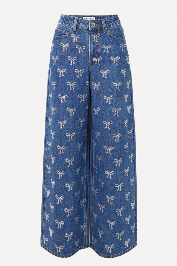 Wide-Leg Embellished Denim Jeans from Self Portrait