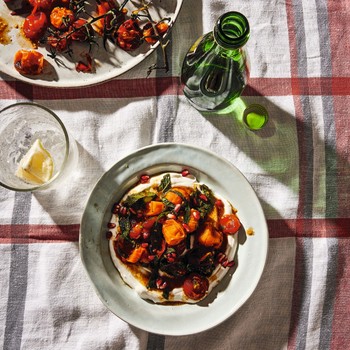 Charred Tomatoes with Cool Yoghurt, Pomegranate Molasses and Herbs