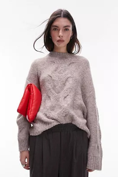 Knitted Fluffy Cable Front Two Tone Jumper In Oat from Topshop