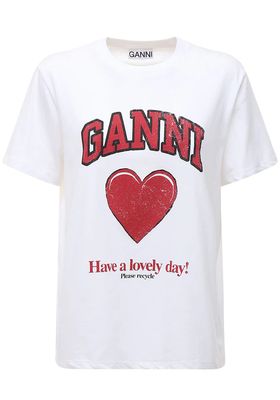 Heart Print Organic Jersey T-Shirt from Ganni