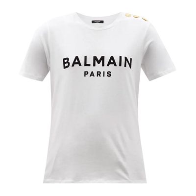Buttoned Shoulder Logo Print Cotton Jersey T-Shirt from Balmain