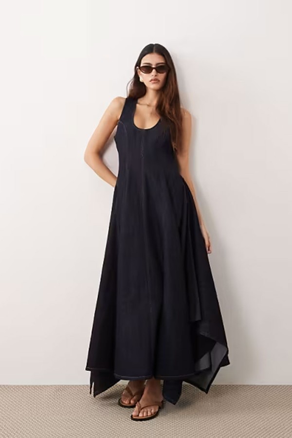 Drop Neck Denim Pleated Hanky Hem Maxi Dress