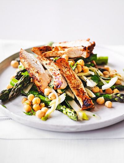 Warm Salad Of Seared Harissa Chicken, Fennel, Asparagus and Chickpeas