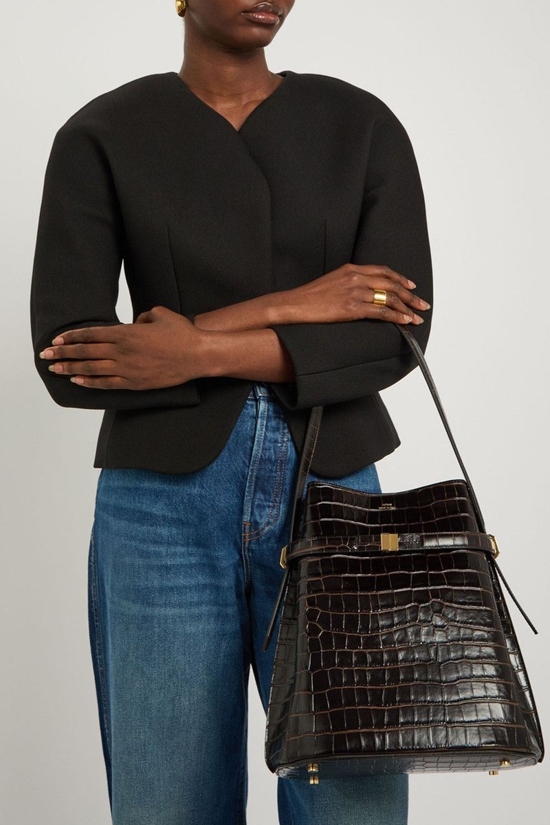 Belted Crocodile-Effect Leather Bucket Bag from Toteme