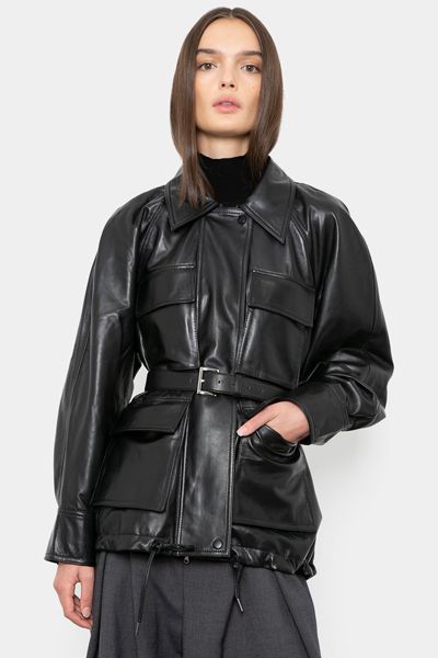 Patch Pocket Drawstring Leather Jacket