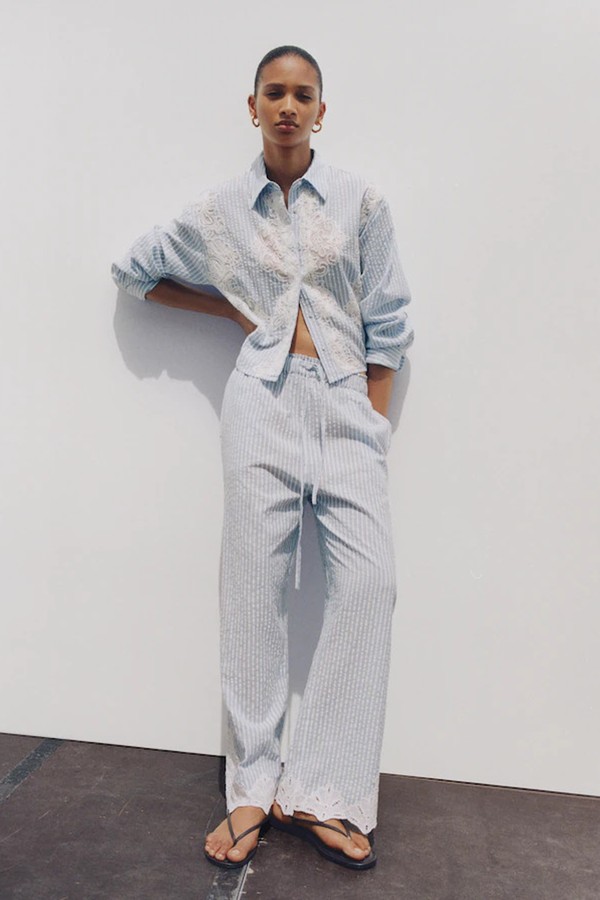 Embroidered Striped Trousers