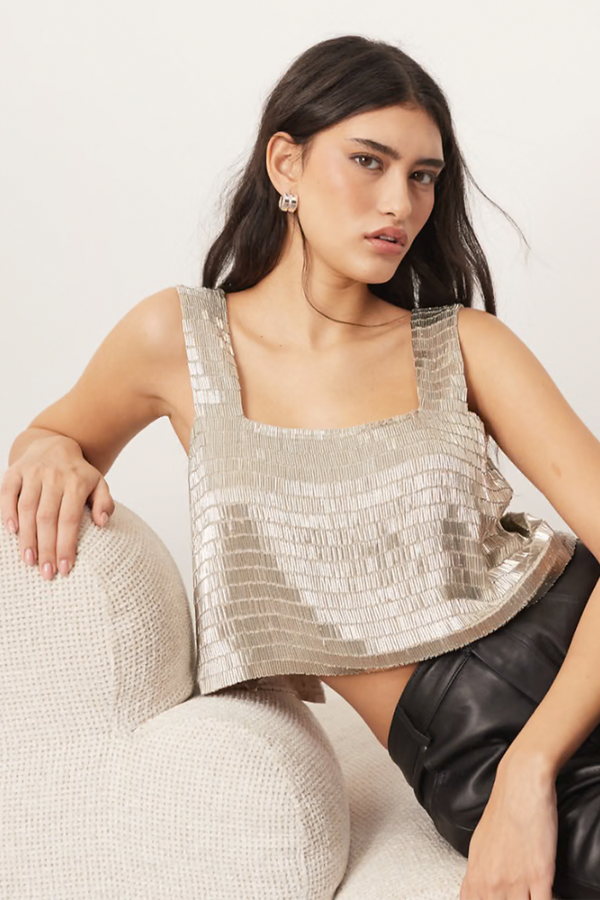 Embellished Beaded Square Neck Boxy Crop Top