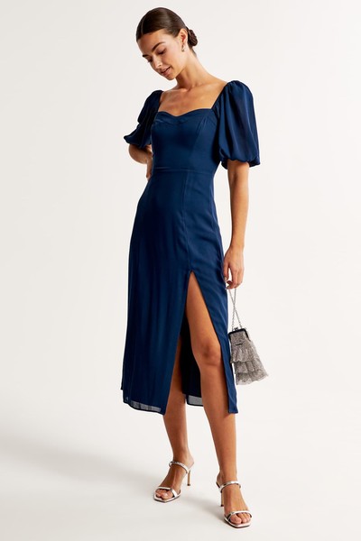 Puff Sleeve High-Slit Midi Dress