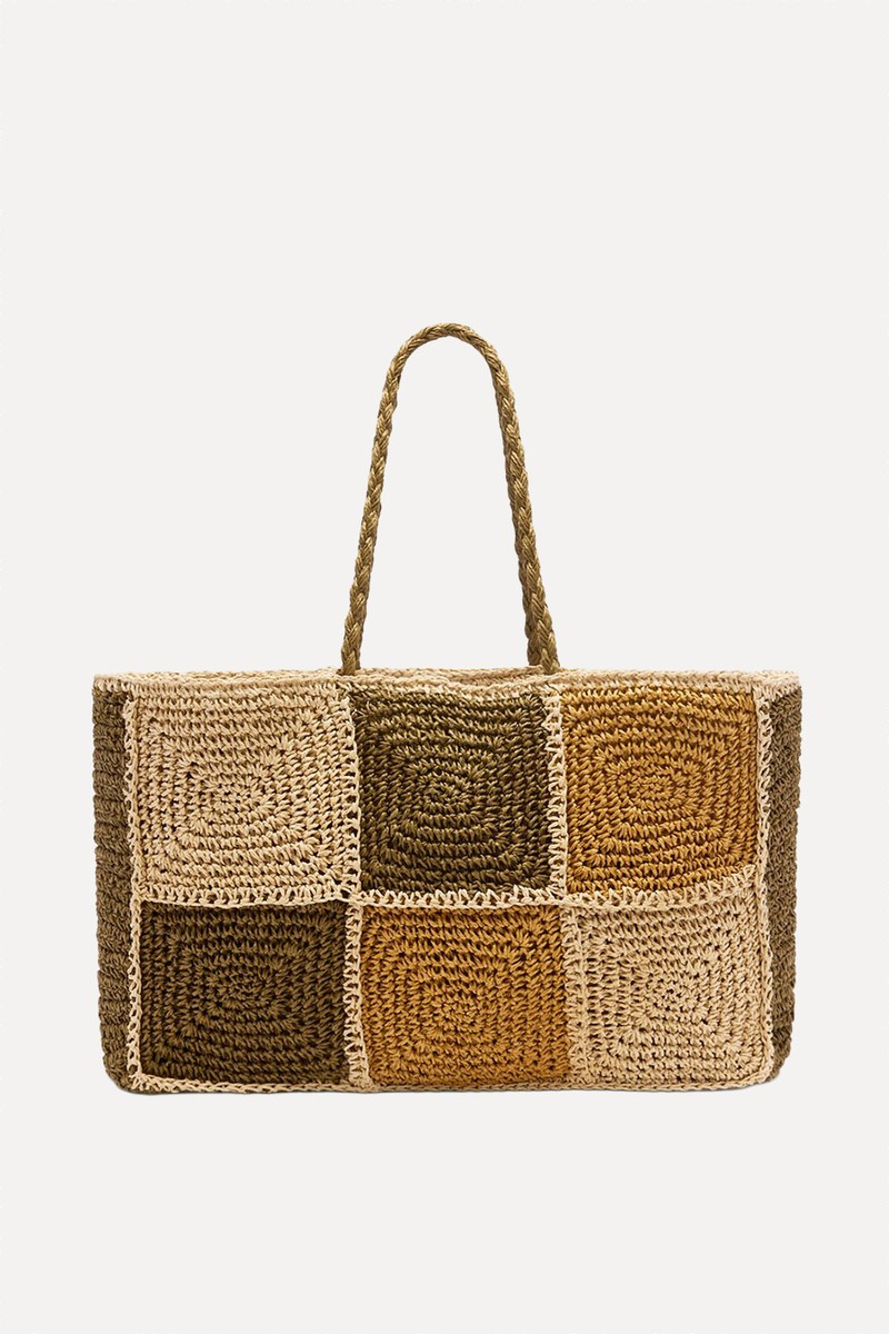  Patchwork Straw Tote Bag