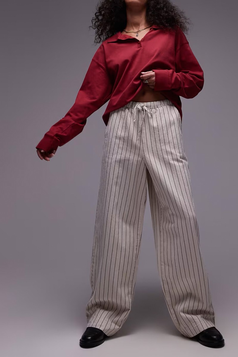 Pull On Tie Waist Stripe Straight Leg Trousers from Topshop