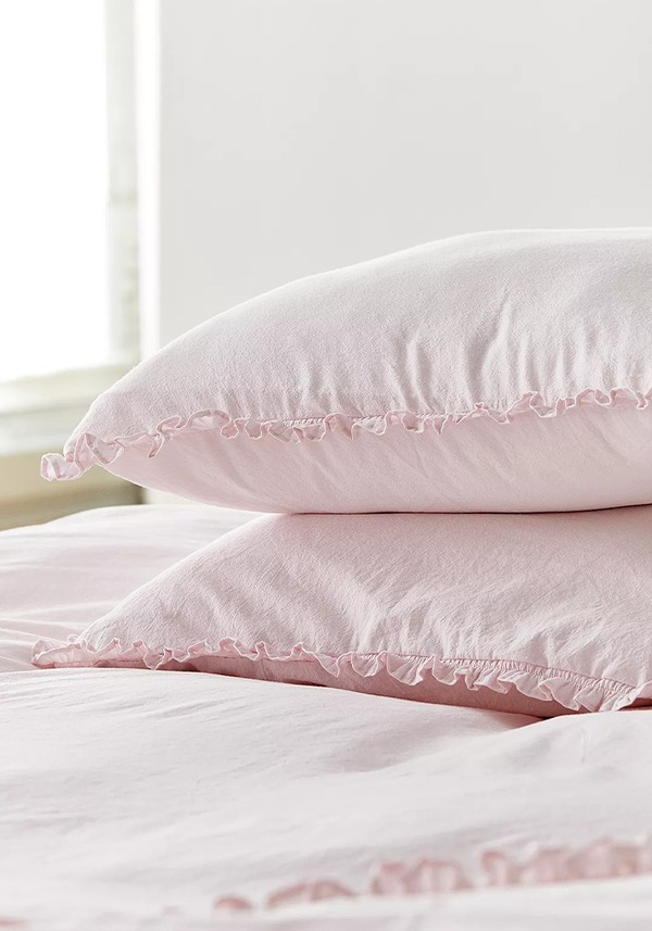 Washed Pink Ruffle Duvet Cover With Reusable Fabric Bag