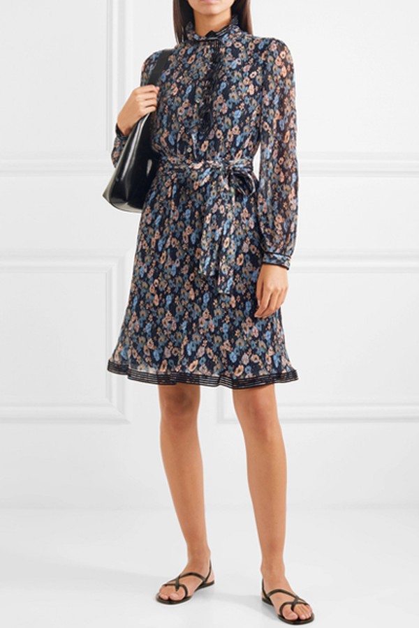 Deneuve Ruffled Floral Print Plisse Georgette Dress from Tory Burch