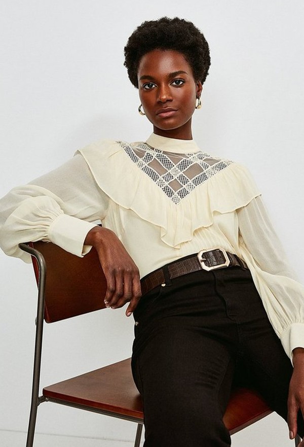 Embroidered Pintuck Detail Blouse