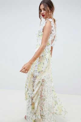 Ruffle Maxi Dress in Floral Dobby Mesh with Lace from ASOS DESIGN