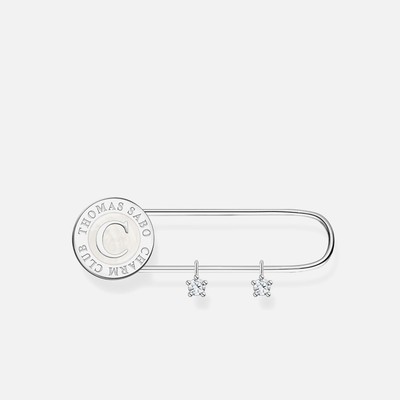 Silver Brooch With White Stones In Safety Pin Design 