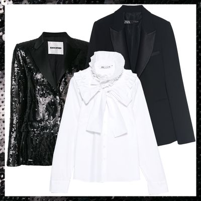 Sequin Tuxedo Jacket, Each Other | Ruffled-Collar Shirt, Hillier Bartley | Tuxedo Blazer, Zara