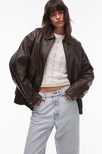 Textured Faux Leather Oversized Collar Bomber Jacket from TOPSHOP