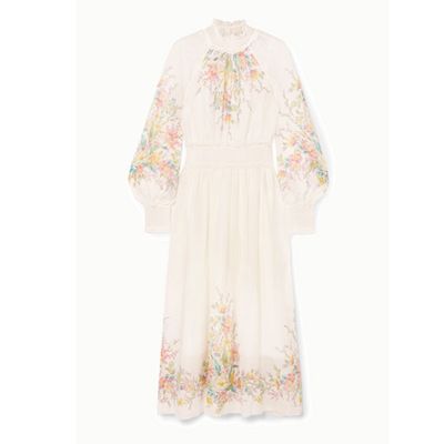 Zinnia Ruffled Shirred Floral-Print Ramie-Gauze Maxi Dress from Zimmerman