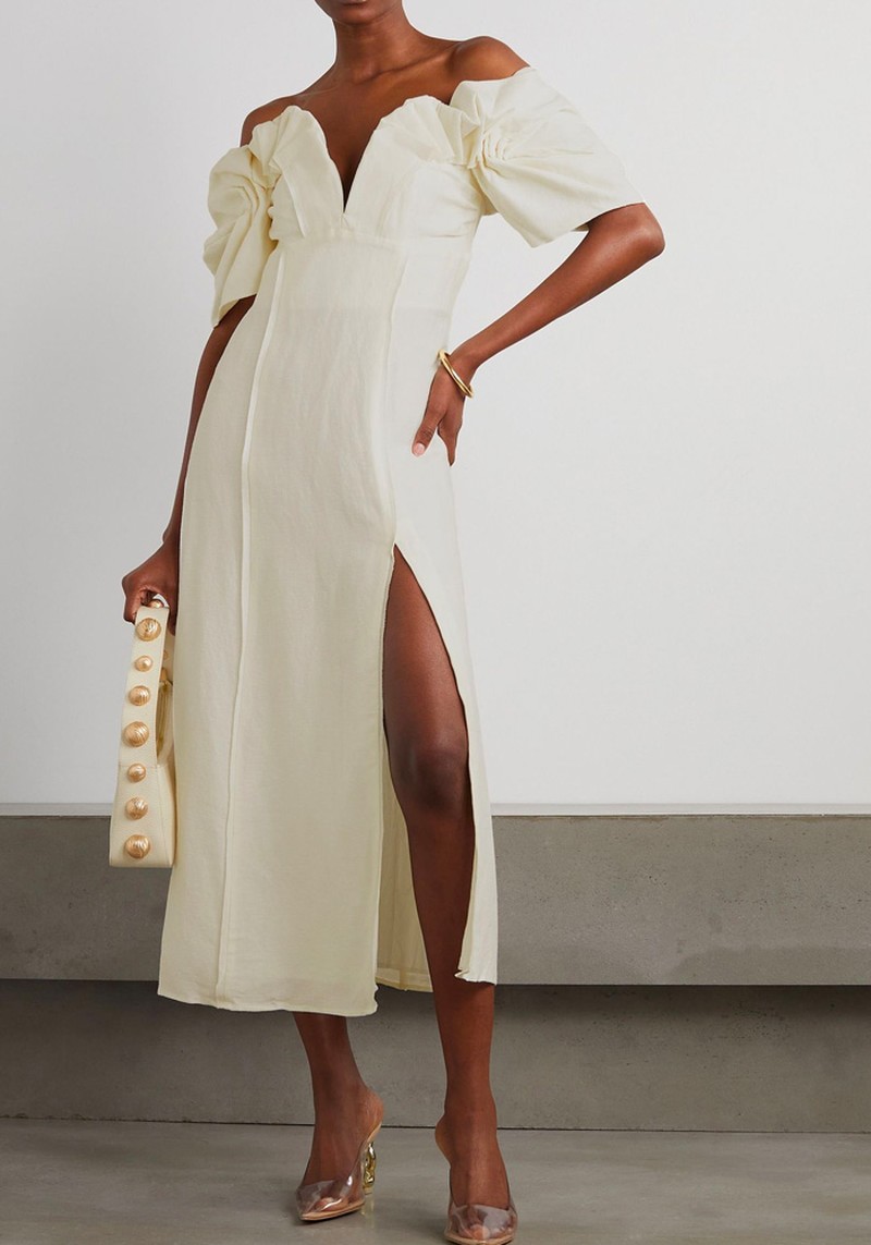 Muna Off-The-Shoulder Gathered Woven Midi Dress from Cult Gaia