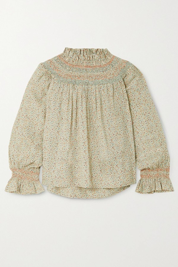 Amoret Smocked Floral-Print Cotton-Blend Top from Doen