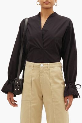 Collarless V-neck Cotton-Poplin Blouse from See by Chloé