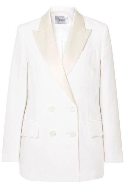 Double Breasted Satin Trimmed Linen Blazer from Racil