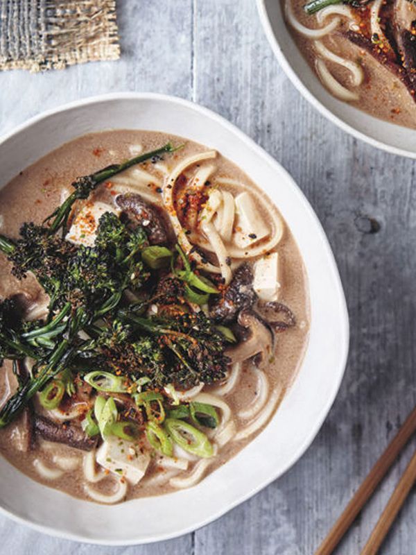 Walnut Miso Broth With Udon Noodles & Crisp Roasted Purple Sprouting Broccoli 