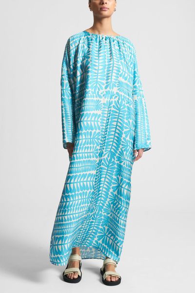 Rhodes Palm Blue Printed Silk Twill Maxi Dress from Asceno