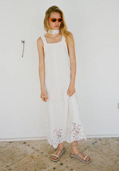 Linen Dress With Lace Trim 