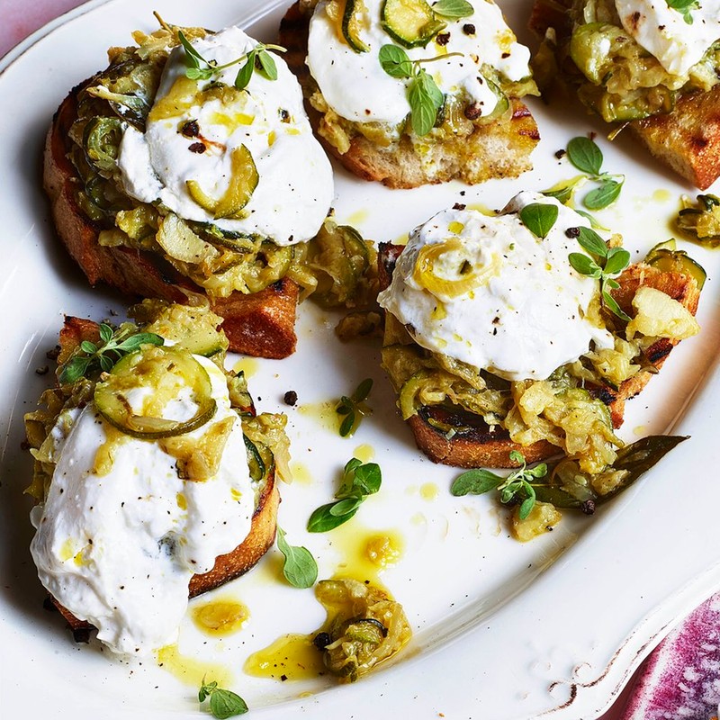 Burrata On Bruschetta With Stewed Courgettes & Fennel 