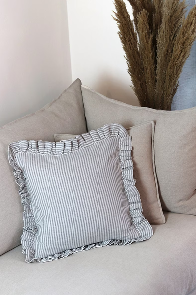 Ticking Stripe French Linen Frill Ruffle Cushion from SunandDayshop