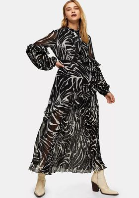 Black And White Zebra Print Pleated Midi Dress