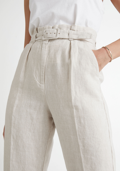 Belted High Waist Linen Trousers