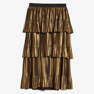 Gold Metallic Tiered Midi Skirt