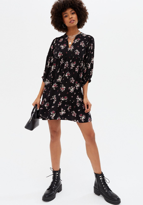 Ditsy Floral Jersey Tiered Mini Oversized Smock Dress