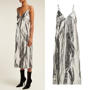 V-Neck Foil Midi Slip Dress